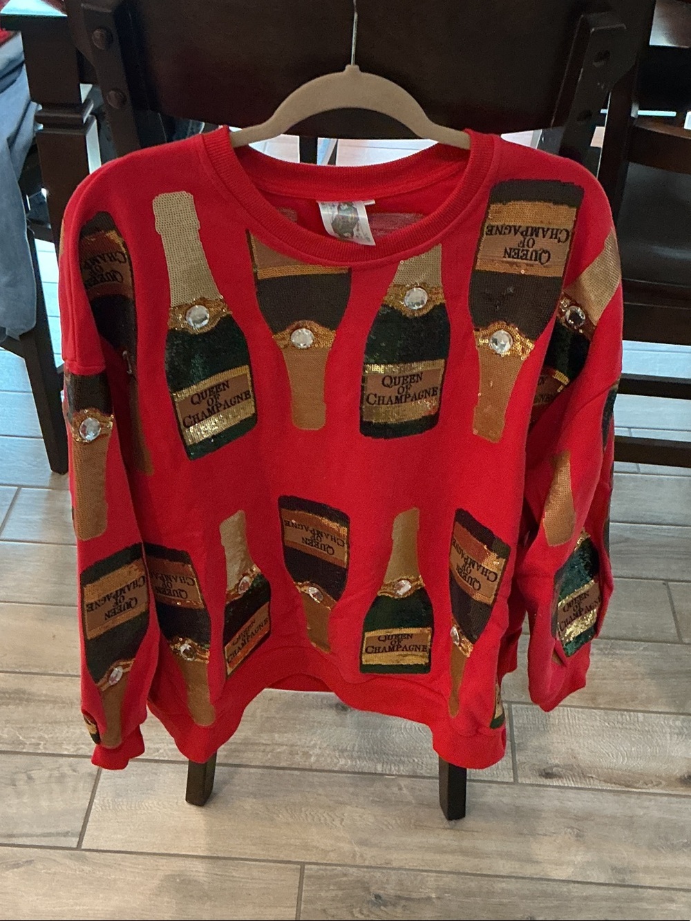 Champagne Red Crewneck Sweater with Gold Bottle Accents